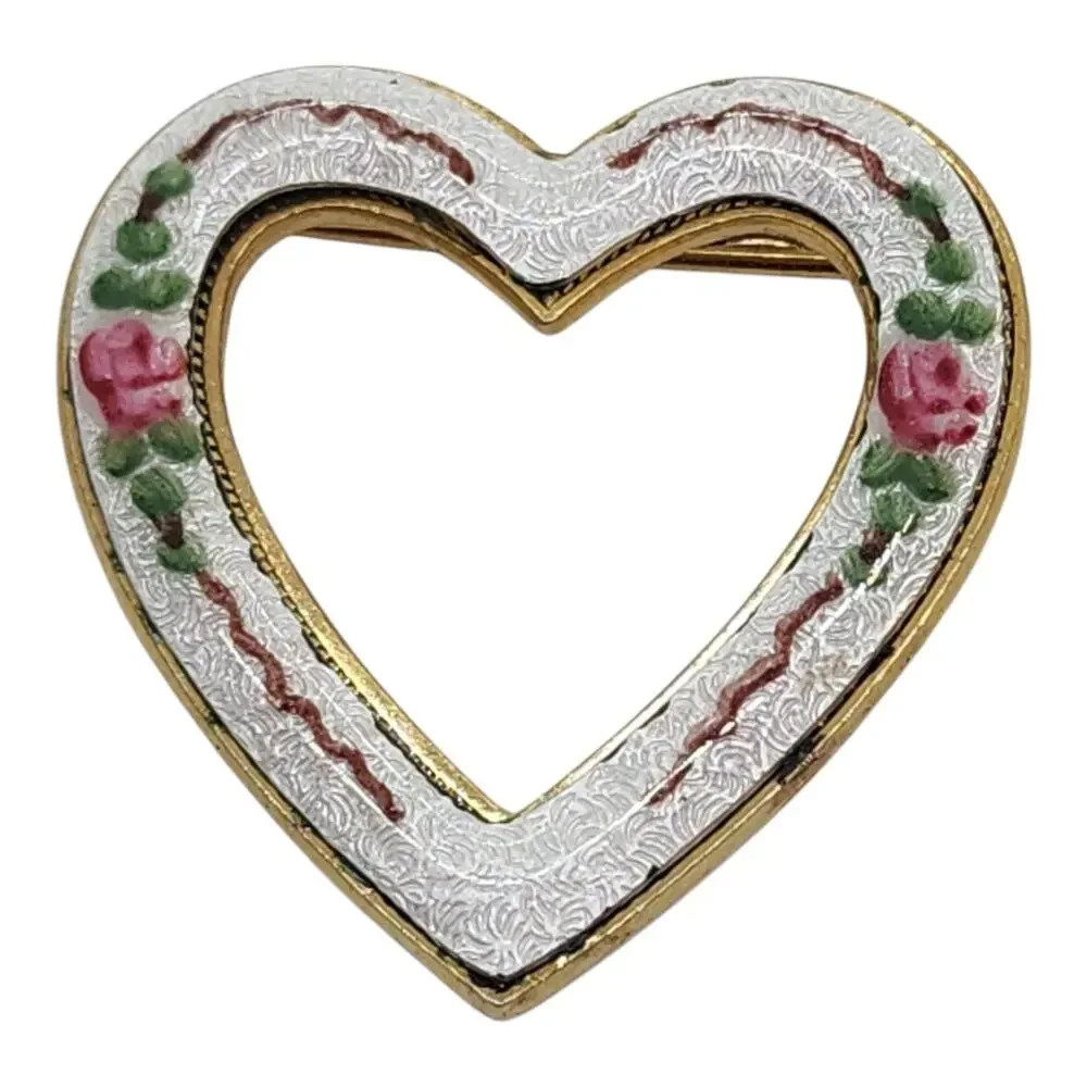 Vintage Heart Floral Enamel Brooch White Pink Rose Gold Tone Guilloche Style Pin